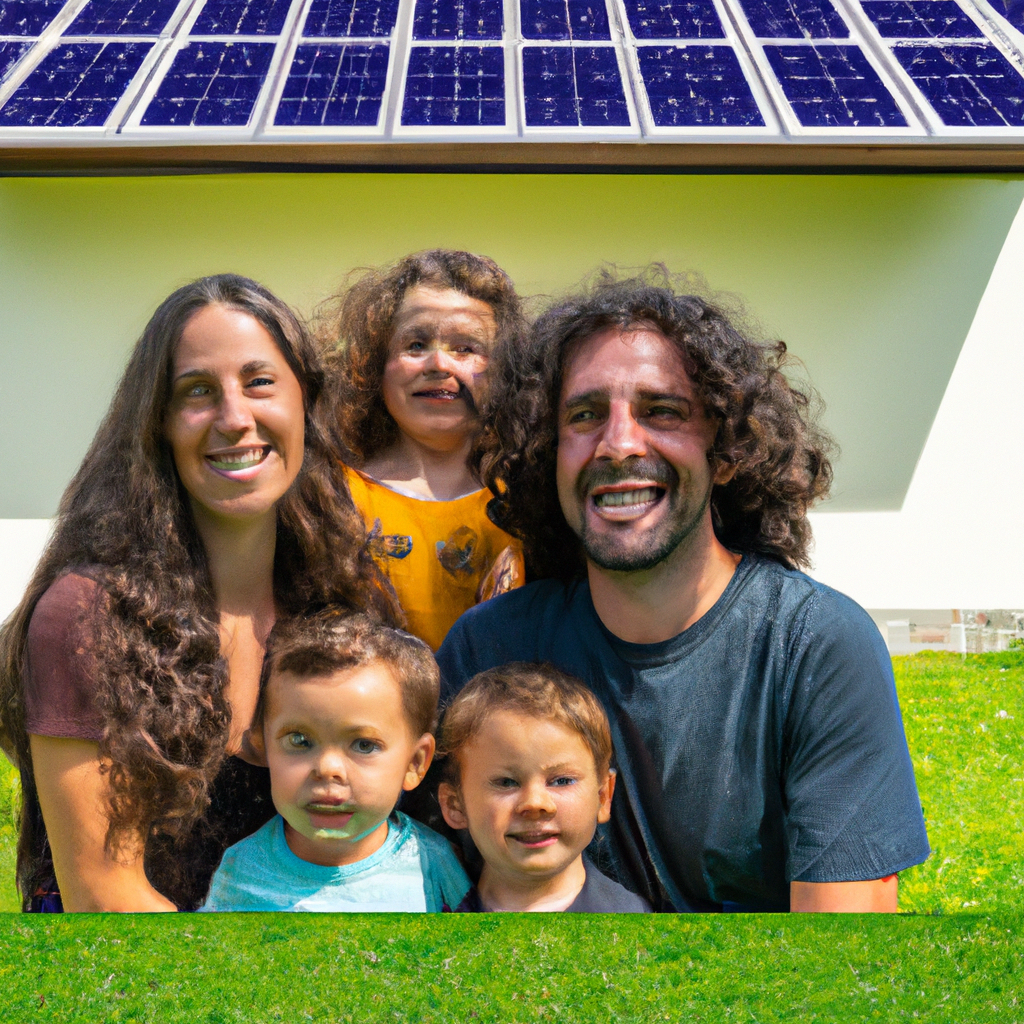 Famiglia felice in campo con pannelli solari